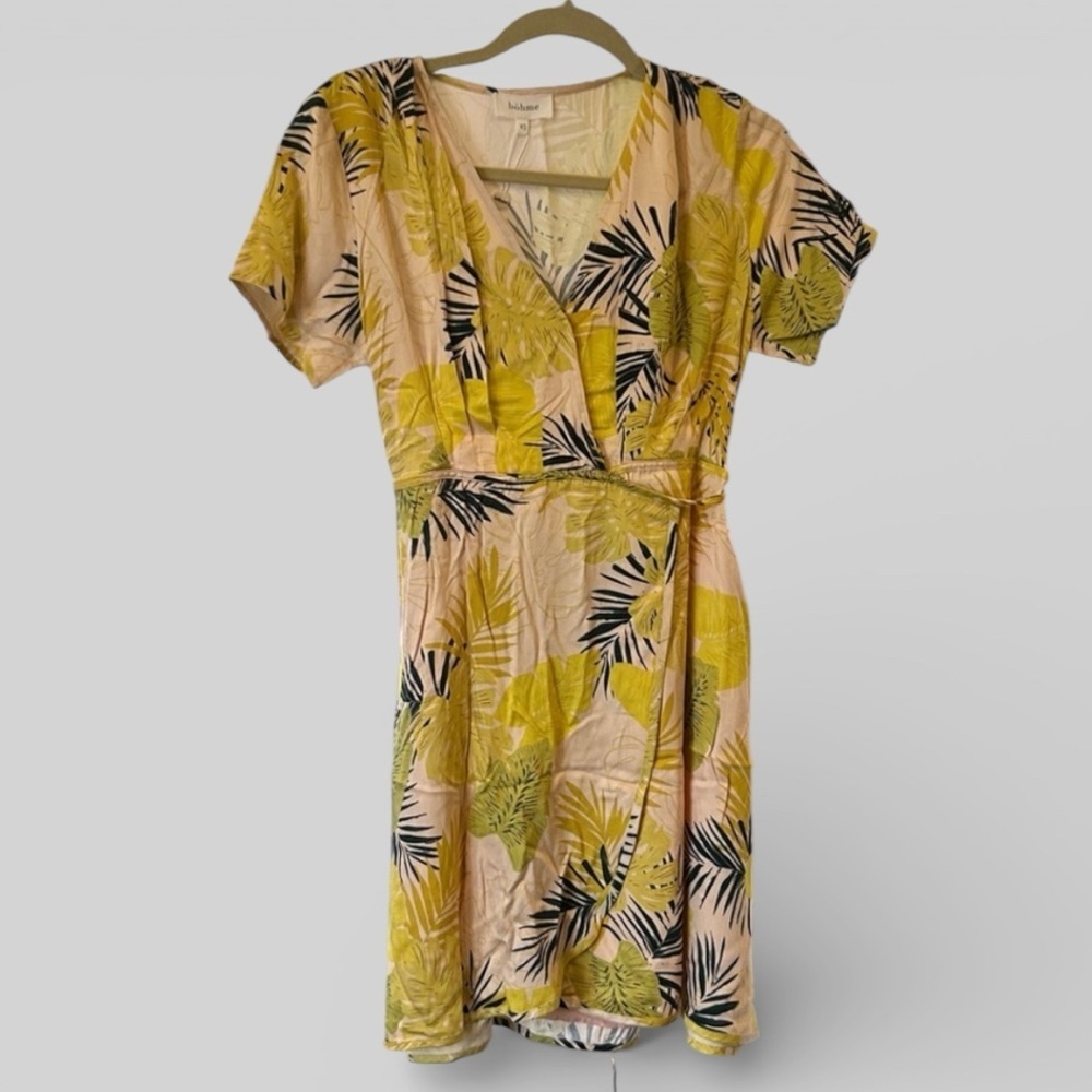 Bohme New Floral tropical print apricot mini wrap dress coastal feminine  XS